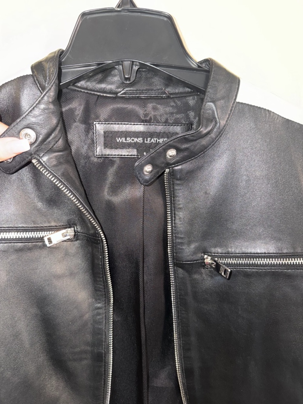 Wilsons Leather Black Leather Jacket with White Sleeve Stripes - Picture 4 of 10